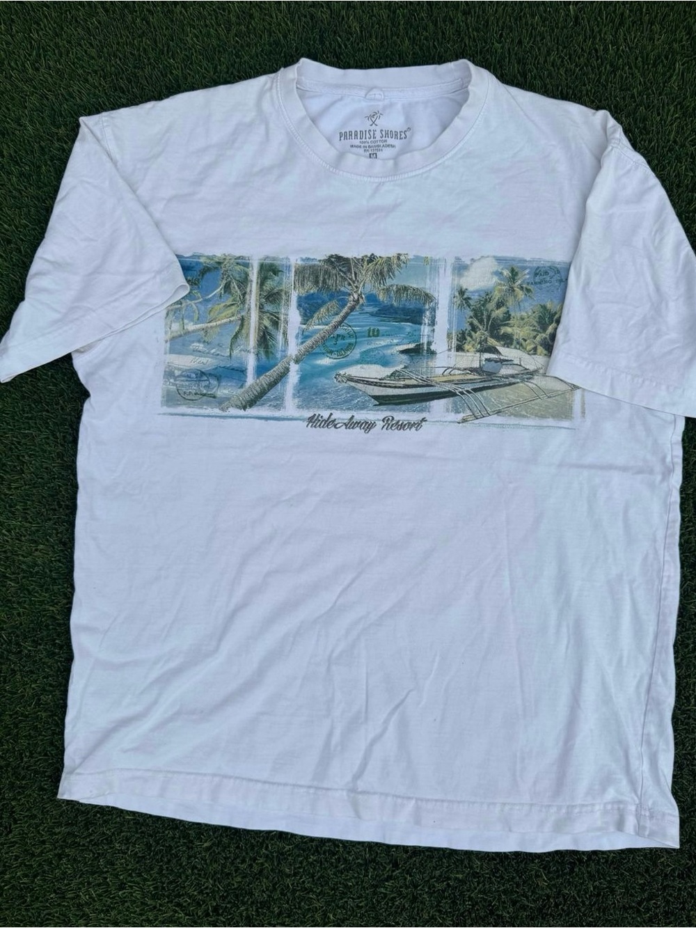 Paradise Shores White Graphic Tee - Tropical Resort Print